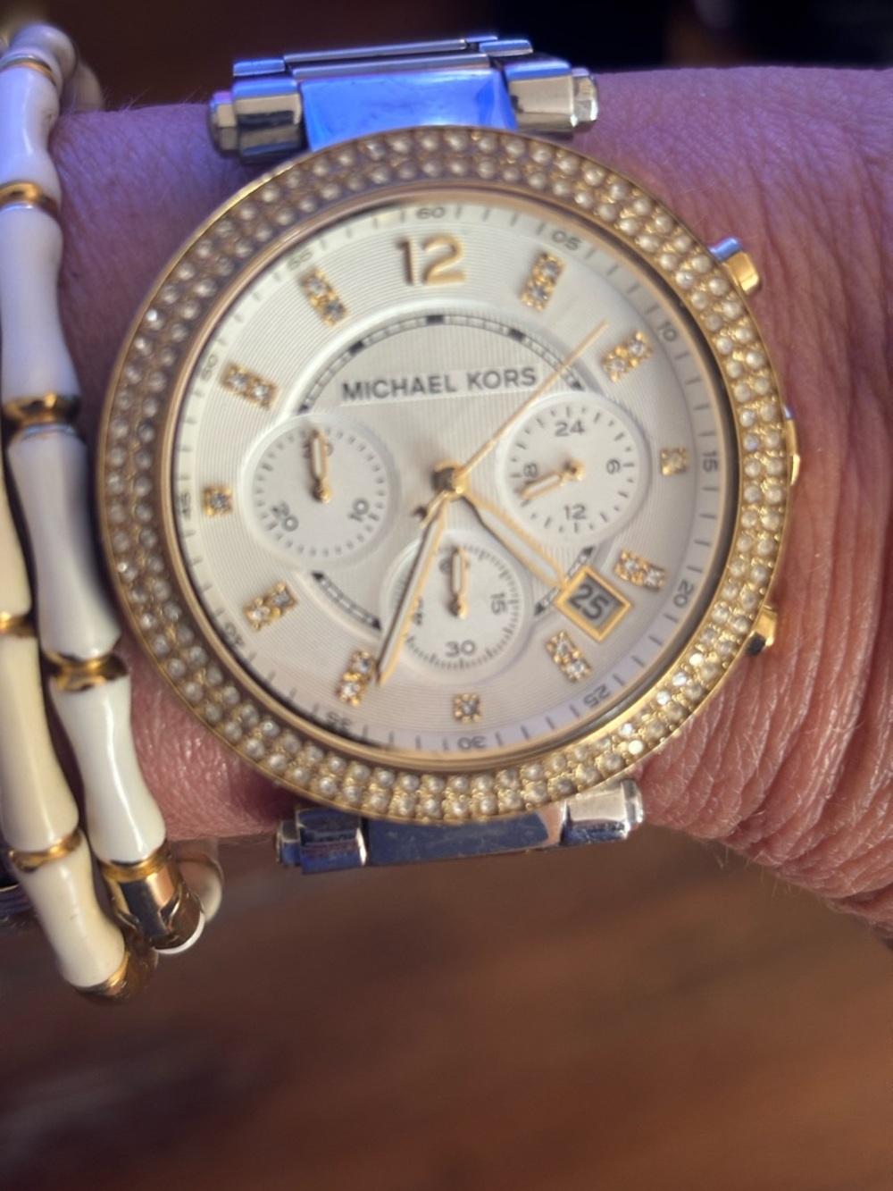 Michael Kors White Dial Gold-Tone Crystal Bezel Chronograph Watch